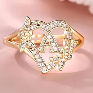 2024 Fashion Flower & Heart Decorated Matching Ring for Girlfriend, Letter Decor Promise Ring for Women, Anniversary Rings Jewelry Gift for Girlfriend