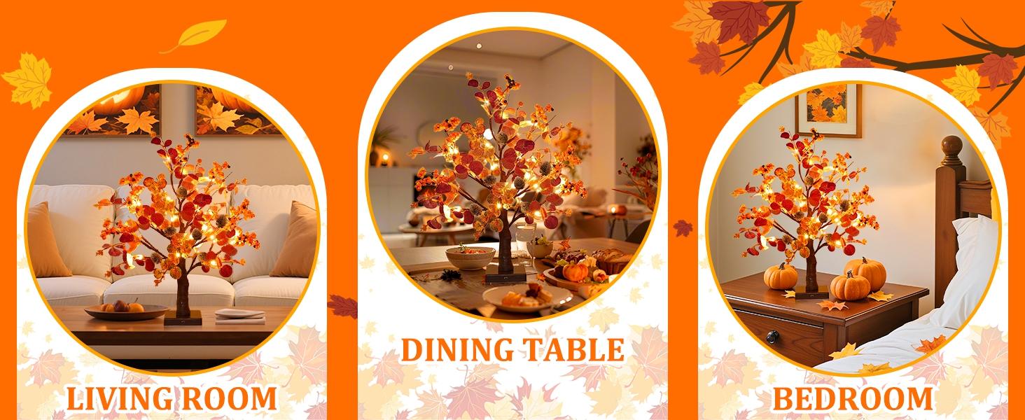 [ Prelit & Timer ] TURNMEON 2 Pack Fall Decor Tabletop Fall Trees 48 LED Battery Operated Maple Tree 288 Eucalyptus Leafed 12 Acorns Berry Fall Decorations for Home Thanksgiving Table Decor 18 Inch