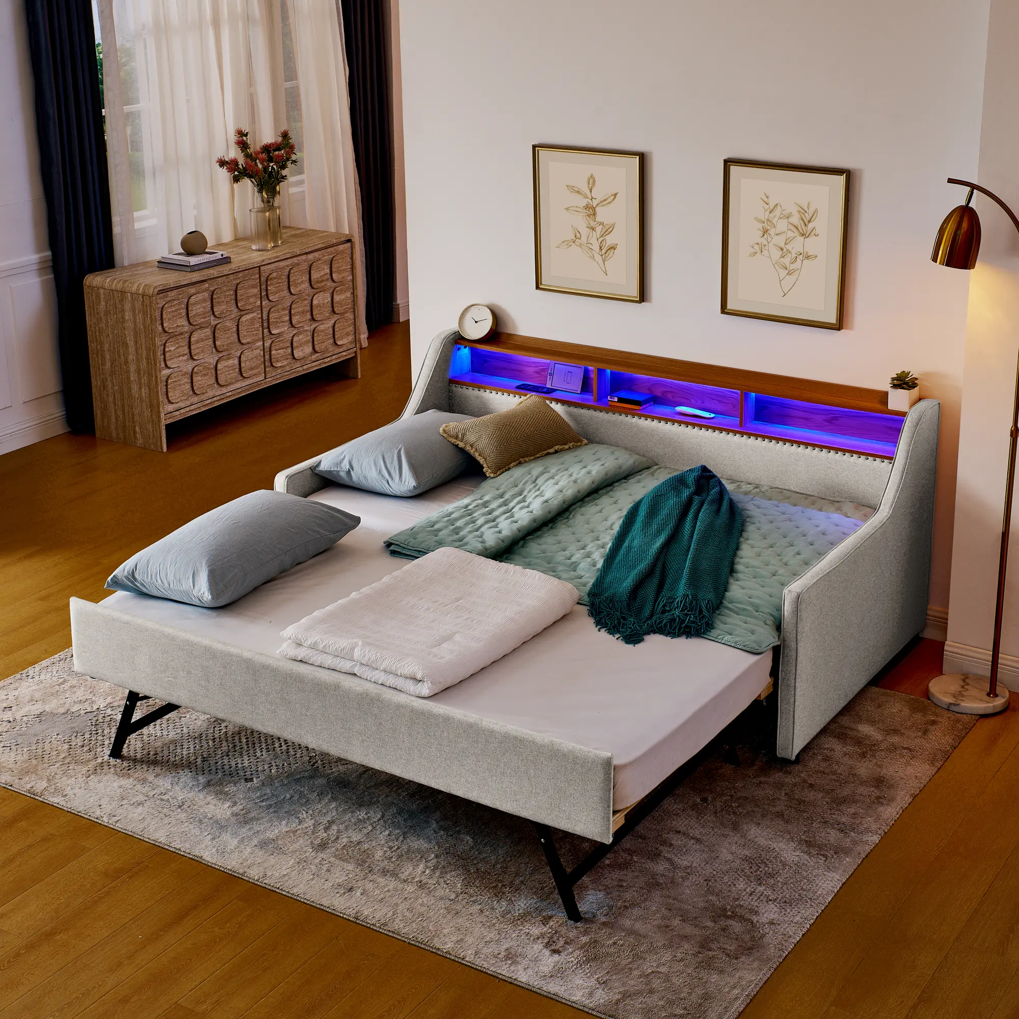 Niccae Twin Size Upholstery Sofa Bed with Three LED lights, with Storage Adjustable Headboard, with Foldable Leg Pull up Trundle Bed and Wireless Charging, Linen Padded Sofa Bed frame, Beige