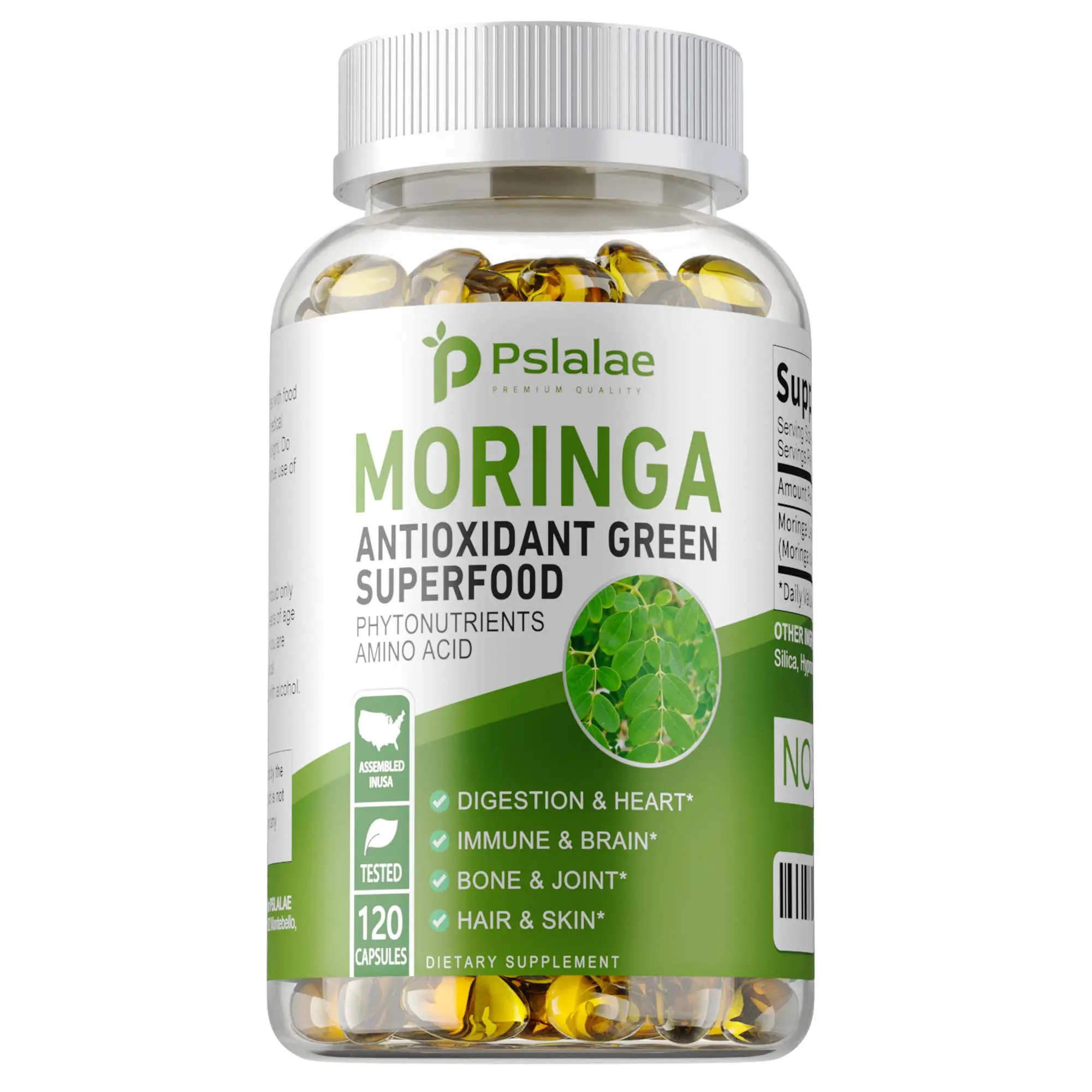 Pslalae Moringa Leaf Powder Supplements - Antioxidant, Natural Ingredients, Excellent Quality, 60/120 Vegetarian Capsules, Capsule Form for Easy Use