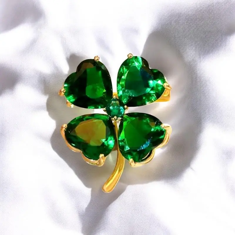 Green Crystal Four-Leaf Clover Pin - Lucky Clover Brooch, St. Patrick's Day Gift, Sparkling Shamrock Accessory, Good Luck Jewelry
