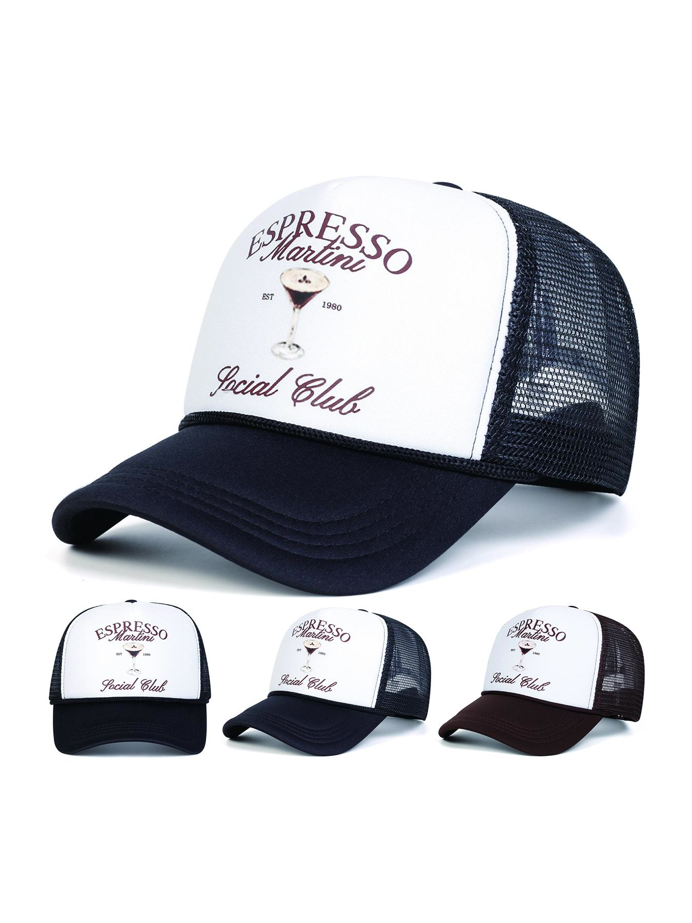 Unisex Espresso Martini Mesh Baseball Cap, Adjustable Sun Protection Hat for Outdoor Travel Beach Vacation, Casual Fitted Letter Pattern High Quality Graphic Hats