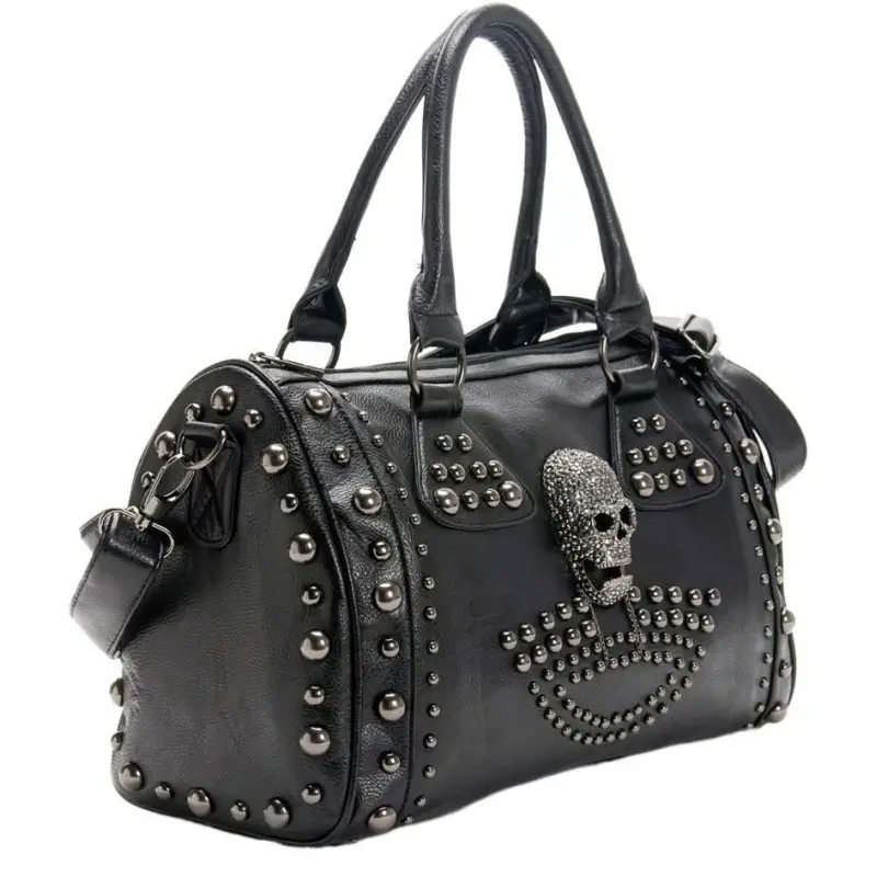 Women Gothic Skull Studded Shoulder Bag Large Capacity Tote Bag for Women Travel Carry TSA Friendly Leather Handbag