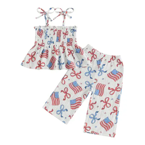 Baby Girl Clothes 4th of July Cotton 2-Piece Fashion Style Sets - Sleeveless Pleated Stars/Popsicles Print Top, Striped Pants, Casual Summer Outfit for 12-18 Months, 2-3 Years