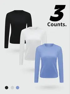 Women's Sporty Warm Underwear Set, 3-Piece Fitted Long Sleeve Round Neck Tops, Comfortable All-Season Base Layer Tees