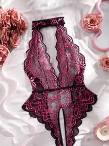 AESKEIA Women's Halter Neck Lace Bodysuit - Soft Backless Deep V Teddy, Stunning Womenswear Lingerie