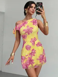 Women's Summer New Floral Asymmetric Shoulder Mini Dress, Mesh Floral Dress, Elegant Sexy Beachwear, Party, Music Festival, Graduation Gown