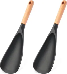 2 Pcs Wooden Handle Silicone Cooking Spoon Set for Nonstick Cookware Cooking, Baking, Stirring ，BPA-Free Heat-Resistant Spatula for Mixing, Flipping, Scraping (2 Pcs Black)