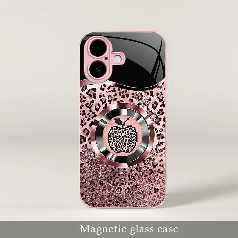 Trending “Affordable Luxury” pink glitter MagSafe glass case for iPhone 16 Plus featuring mermaid scales and leopard print — 9435