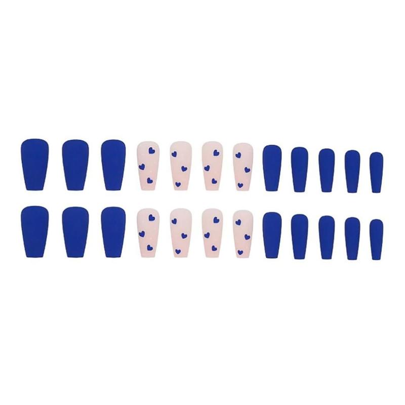 Long Artificial Nails Coffin Press on Nails with Hearts Design Blue Nails Matte Full Cover Nails for Women 24 PCs/Set