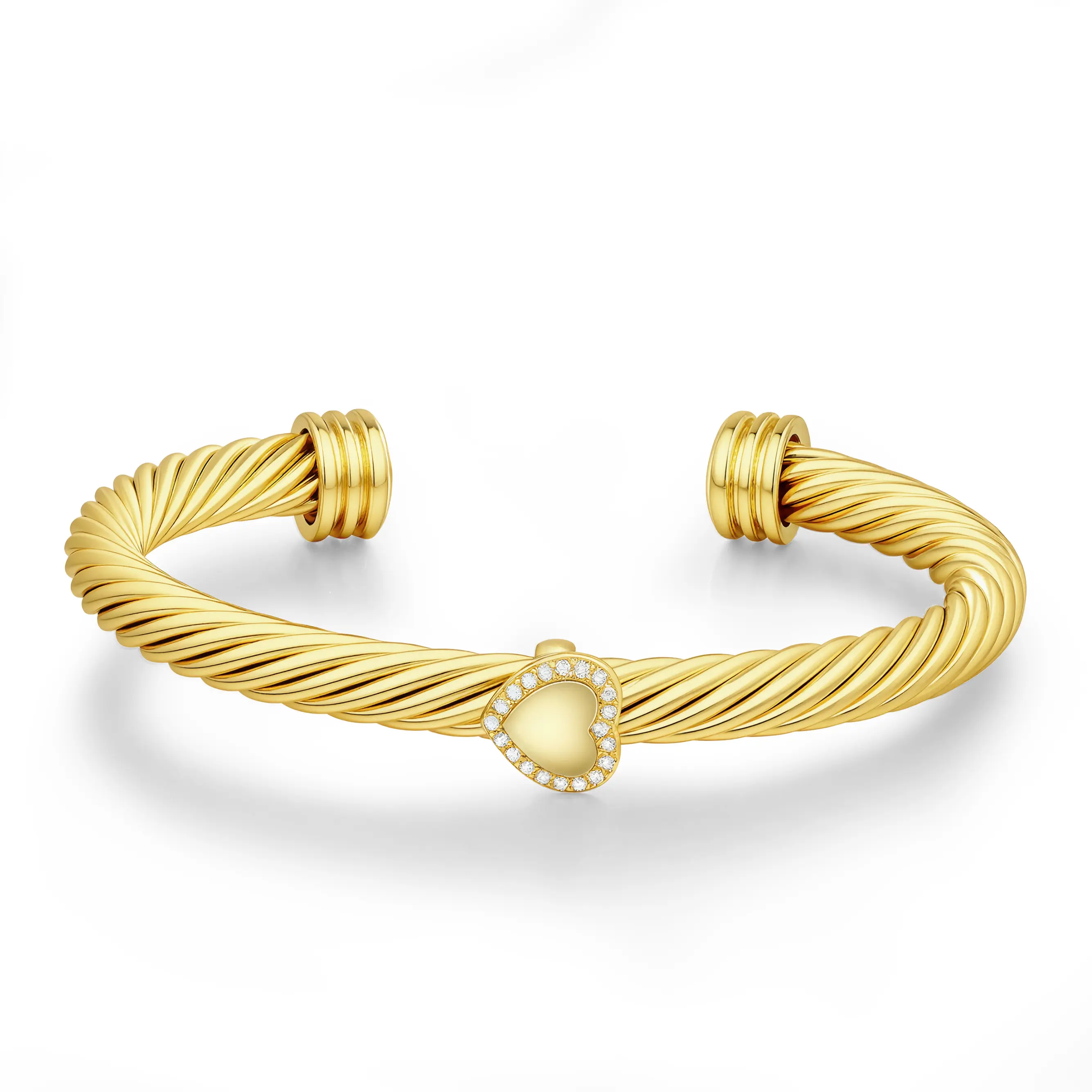 Aprilery Gold-Tone Twisted Rope Cuff Bangle for Adults, Elegant Copper Metal Jewelry with Crystal Hearts, Adjustable 2.05"-2.95" Diameter