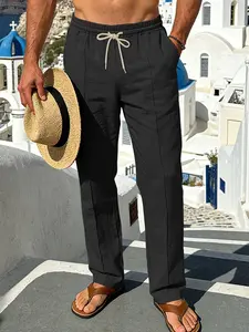 Men's Summer Linen Pants, Drawstring Waist, Straight Leg with Vertical Stitching, Breathable and Comfortable, Ideal for Daily Wear, Travel, Sports