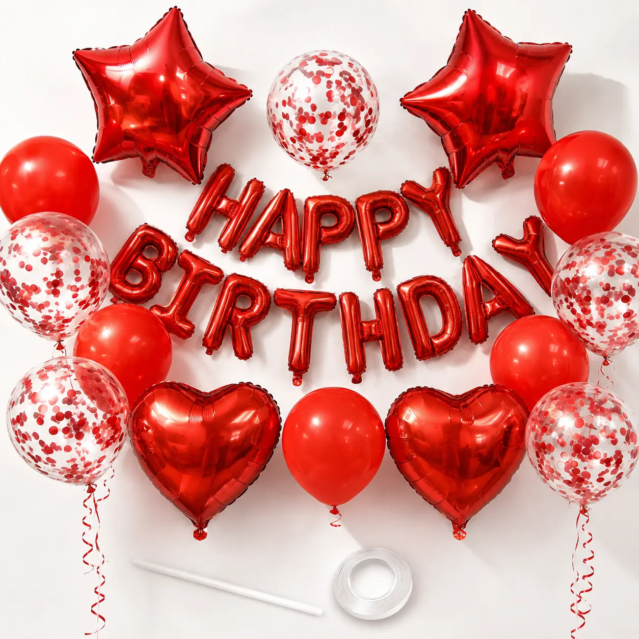27PCS Red Birthday Balloons Set, Happy Birthday Foil Balloons, Red Star Balloons, Red Heart Balloons, Red Latex Balloons, Confetti Balloons, Ribbon & Straw for Birthday Party Decor
