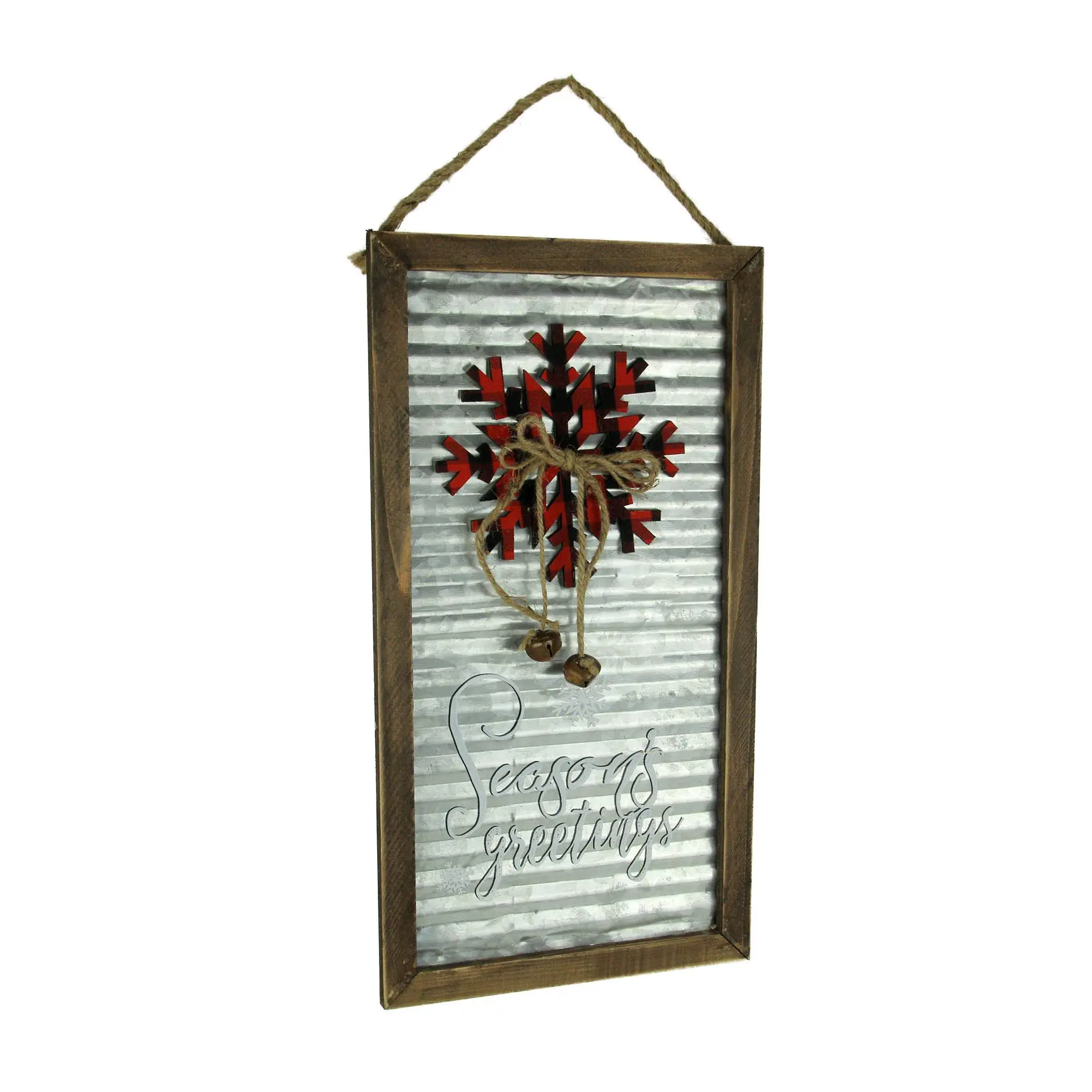 Wood Framed Rustic Metal Seasons Greetings Wall Hanging