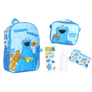 Sesame Street Cookie Monster Backpack 5-Piece Mega Set Cookie Time Kids School Bag Lunch Box Pencil Case Water Bottle 16"