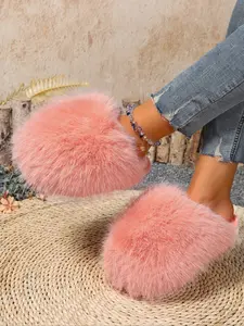 Cute Solid Color Plush Slippers, Warm Fuzzy Slipper for Women, Casual Soft Comfortable Home Slippers, Indoor and Outdoor Use, Fall and Winter Footwear
