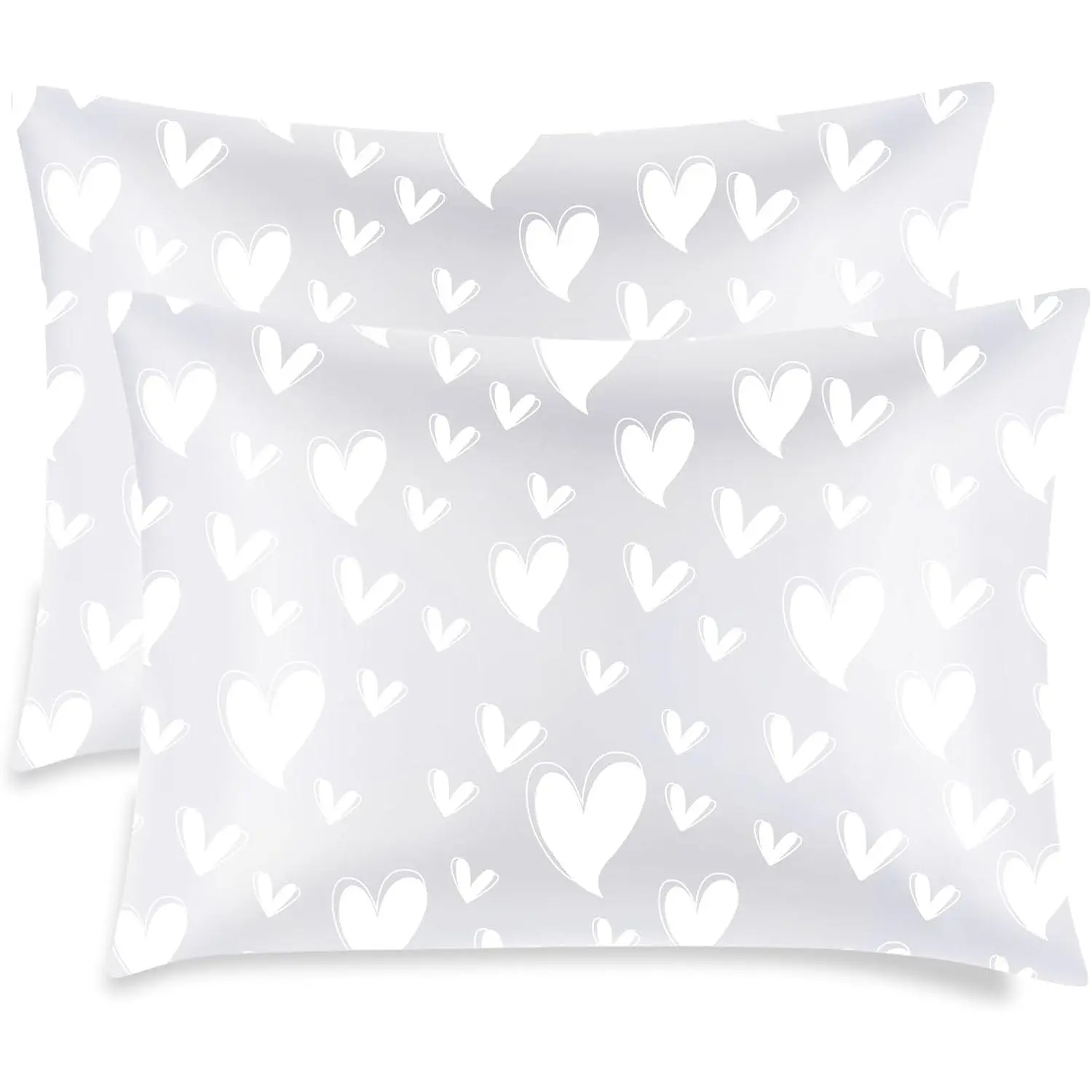 Women's Silver Heart Print Silk Pillowcase 2-Pack, Queen Size (20x30 in) - Wrinkle Resistant Satin Covers with Invisible Zipper, Curl Care Sleeping Gift That Keeps Curls Neat