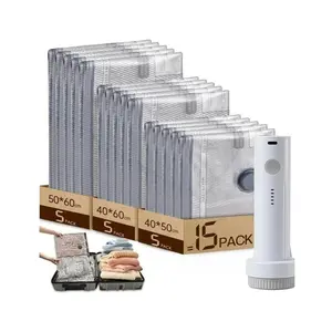 Cordless Travel Vacuum Storage Compression Bag Set -15-Pack in 3 Sizes - USB Rechargeable Handheld Pumpwith Built-In Battery - Waterproof & Reusable Space Saverfor Clothes & Packing, Perfect for Carry-On Suitcases