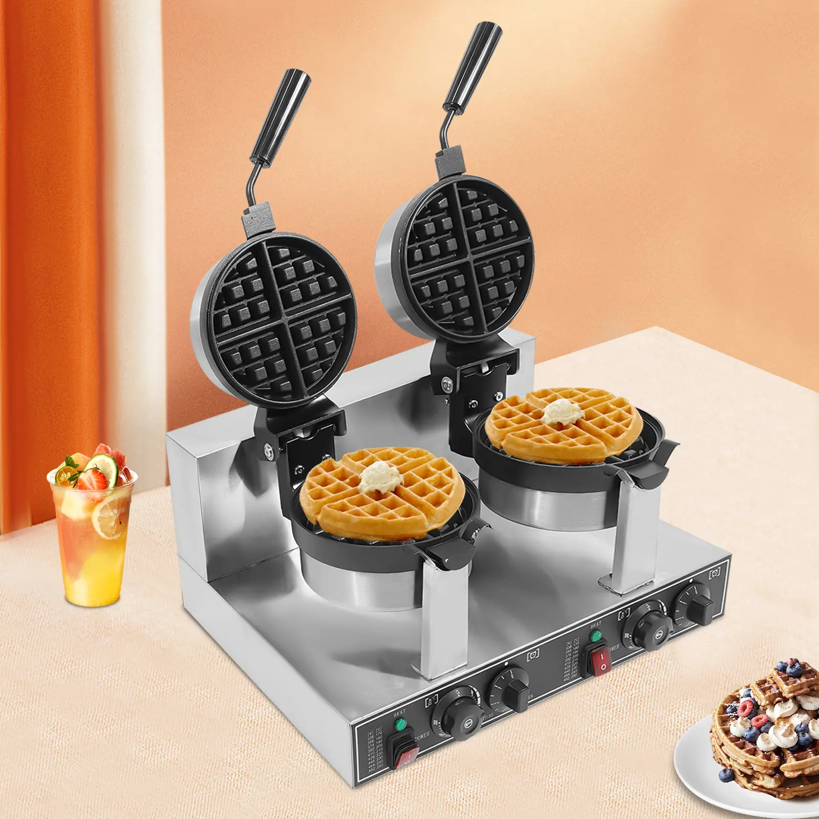 CNCEST Ergonomic Double-Head Stainless Steel Commercial Belgian Waffle Maker - 3600W, 110V Corded Non-Stick Baker, 20cm Adjustable Heat-Resistant Countertop Appliance, 18kg Overheat-Safe, Ideal Gift for Friends/Parents, Countertop Waffle Makers & Irons
