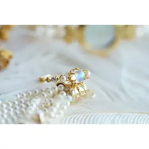 Antique 18K Gold Plated Natural Moonstone Silver Pearl Diamond Rings for Women