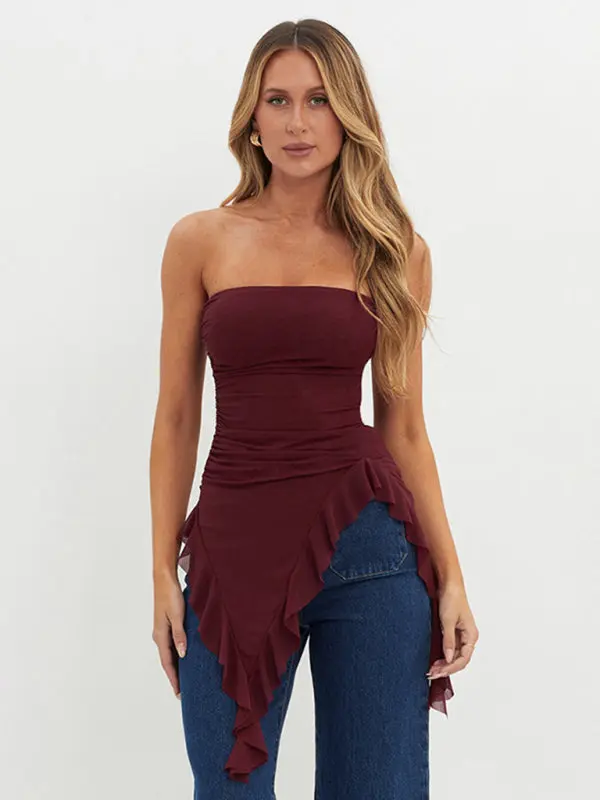 Mesh pleated ruffle tube top