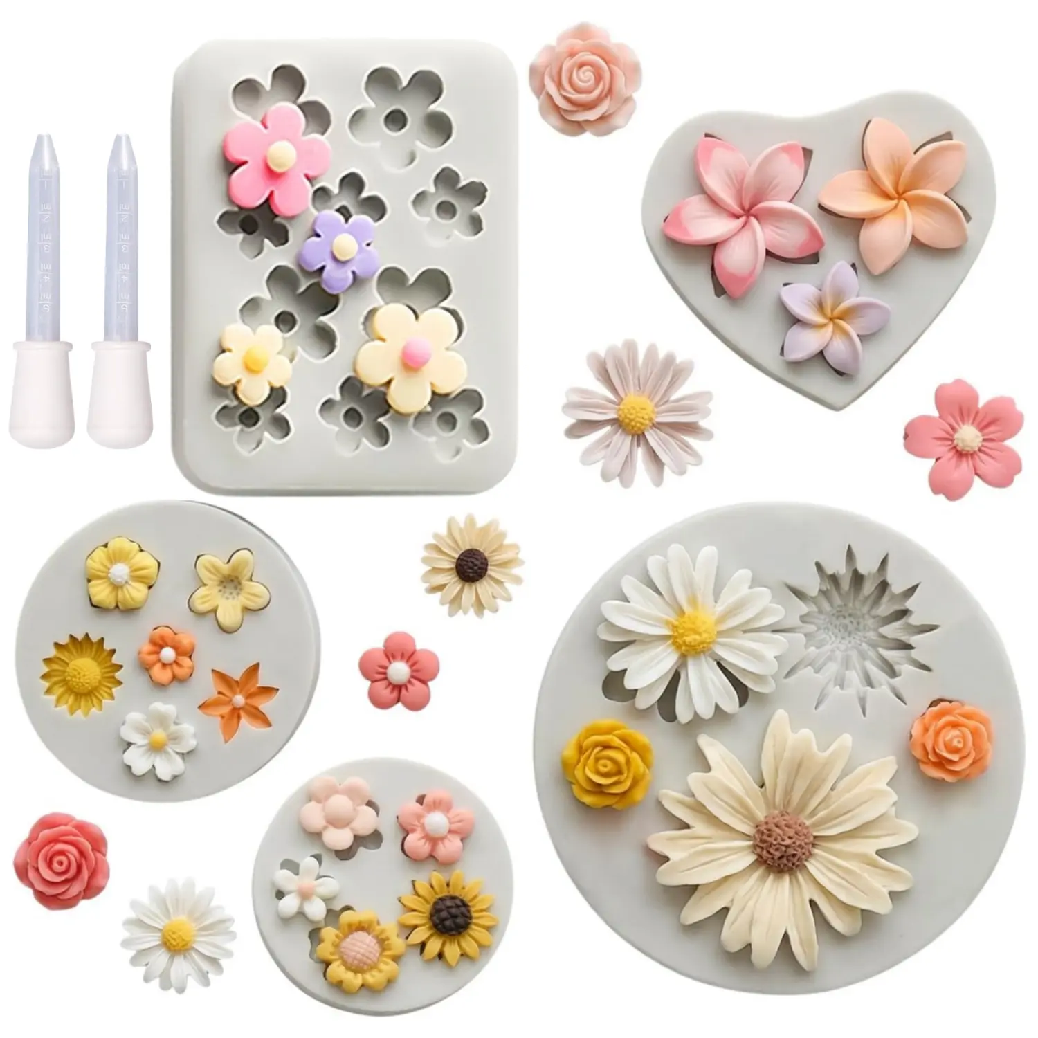 5 Pack Flower Molds & 2 Droppers Silicone Chocolate Mold Daisy Flower Fondant Polymer Clay Resin Mold Soap Ice Cube Jello Molds for Baking Cake Cupcake Decorating