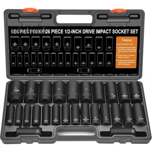 Metric  Socket Set 1/2" Drive -  26 count Deep  Socket Set 1/2" Drive, Metric Socket Set 10mm to 36mm Large Socket Set,  Driver Socket Set, Cr-V Steel, Double Lock Case