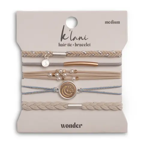 "Wonder" Soft Creams & Blues with Pearls & Gold Hair Tie Bracelets