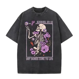 Vintage Washed Black Grunge Streetwear T-Shirt with Floral Skeleton Print, "Dry Bones Come to Life" Bible Verse & Purple Butterflies, Oversized Dark Christian Aesthetic Unisex Tee