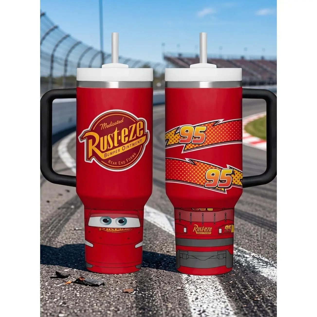 Lightn' M.cqueen Racing 40oz Tumbler with Handle and Straw, Stainless Steel Travel Mug, Birthday Gift for Car Lovers
