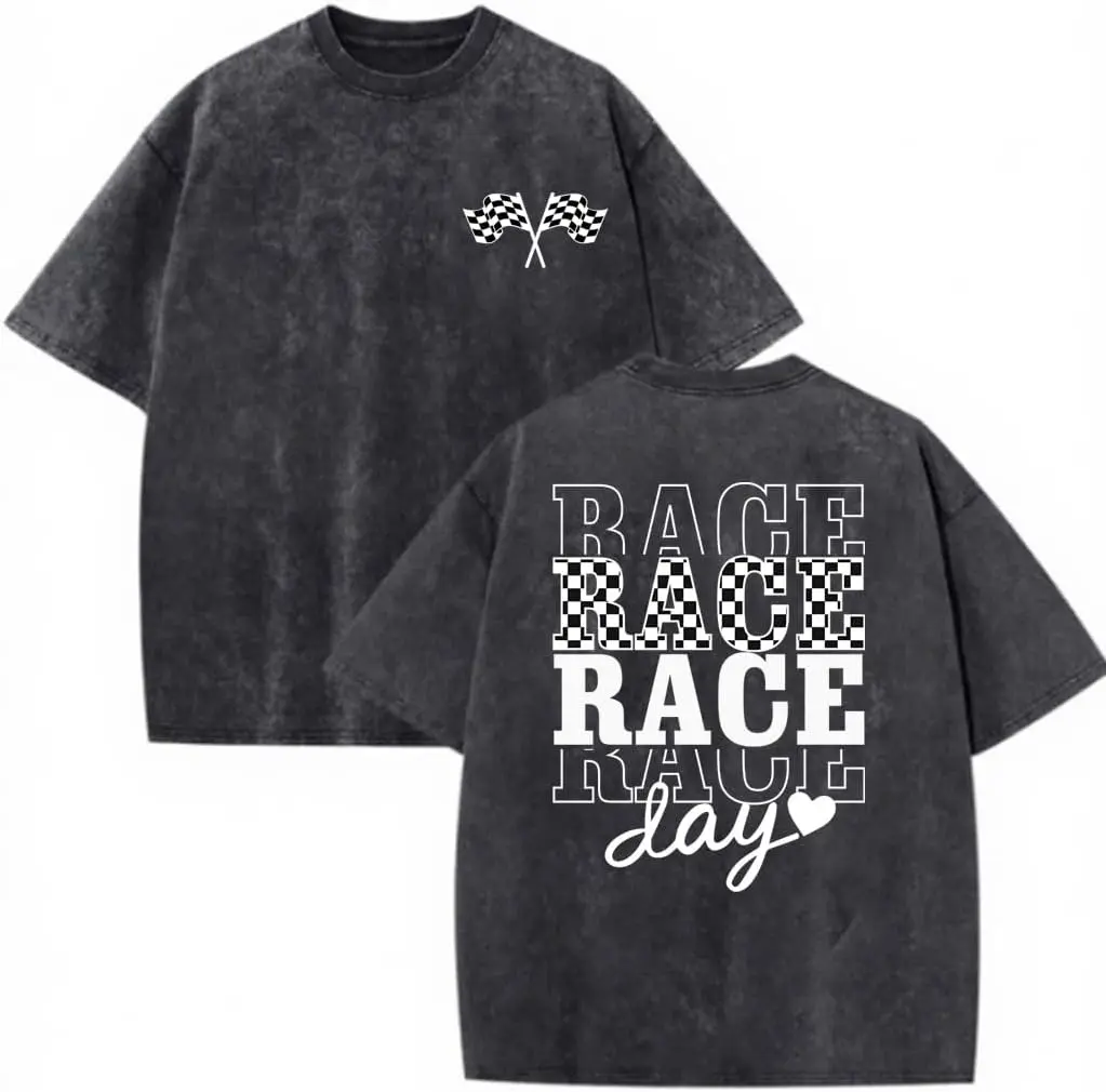 Men's Retro Vintage Acid Washed Graphic T-Shirt - 100% Cotton, Soft, Breathable, Loose-Fit, Racing Flag Race-Day Typography, Distressed Casual Fashion Top