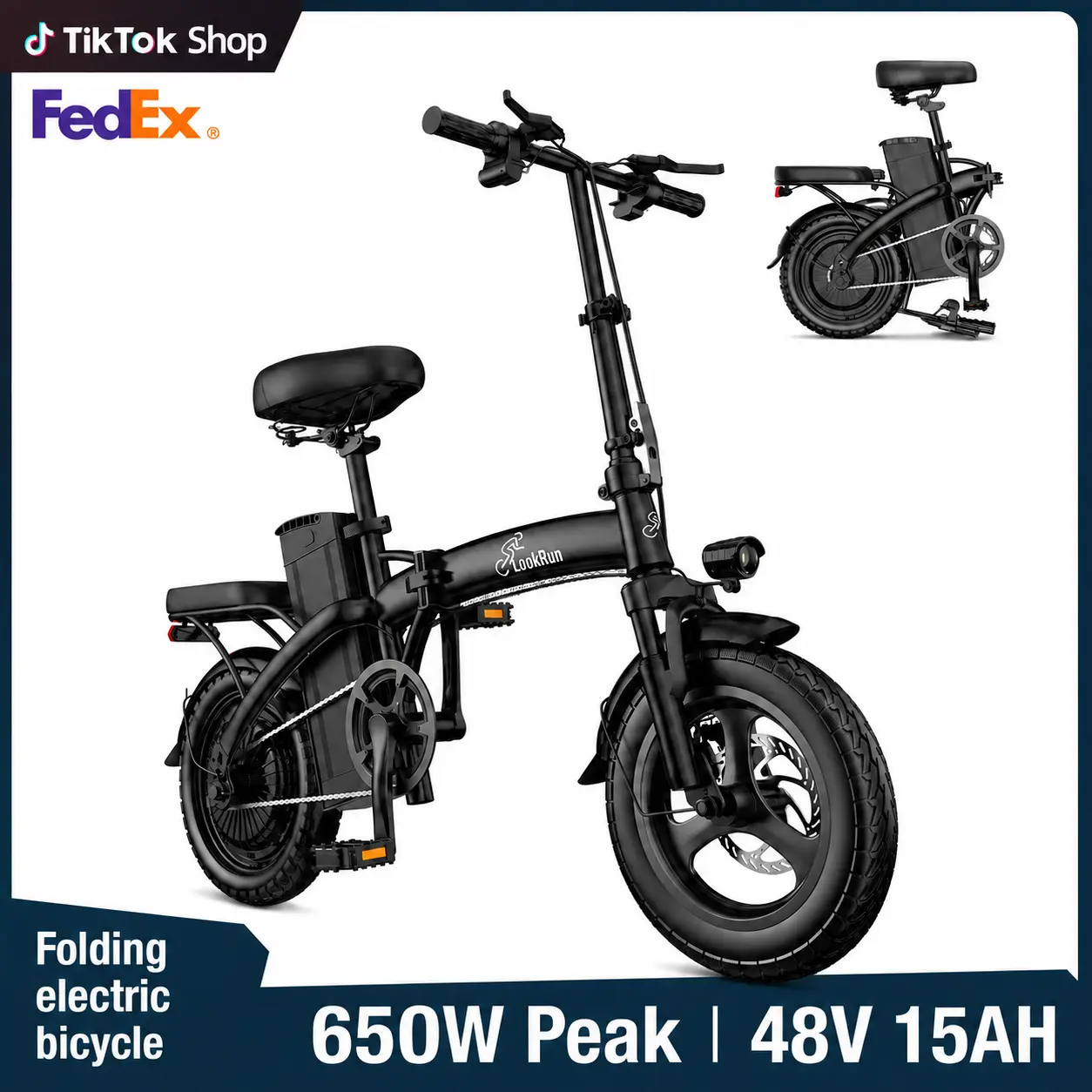 LOOKRUN 650W Folding Electric Bike for Adults,48V15Ah Removable Battery,  14-Inch Compact E-Bike, 20+ MPH Max Speed, 45+ Mi Range, Multi-Function Suspension, 400 lbs Max Load, UL 2849 Certified bateria de bicicleta outdoor hardcore cycling