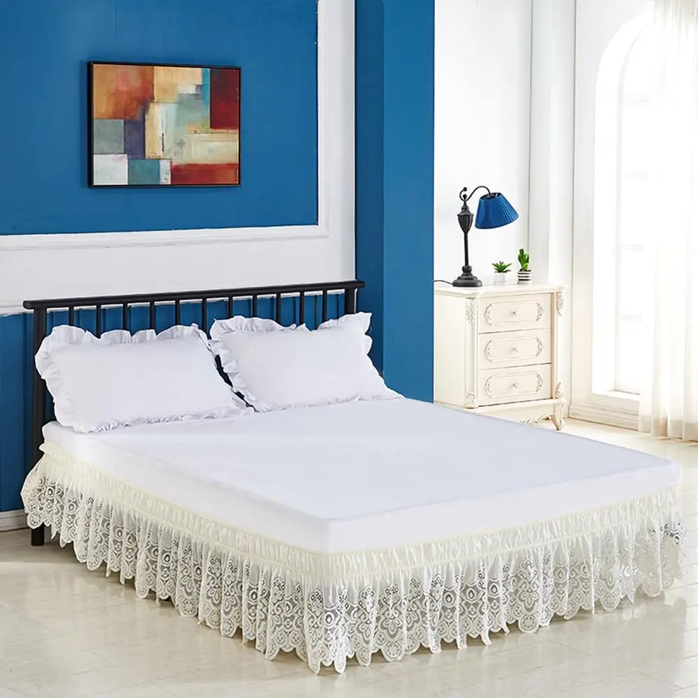 Home Dorm Wrap Around Ruffle Lace Bed Skirt Queen Size 15 Inch Drop, Elastic Dust Ruffle with Belts,