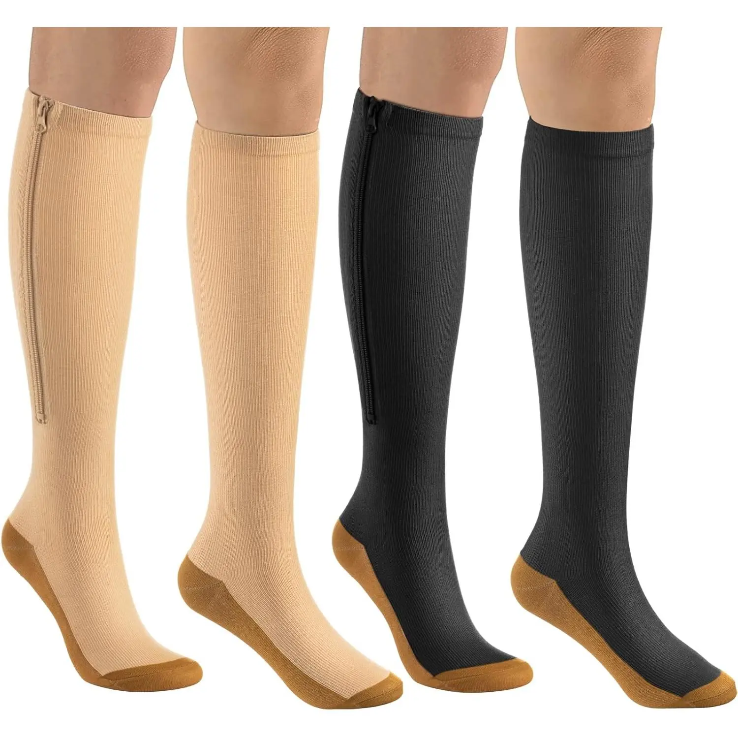 Adults' 15-20mmHg Closed Toe Zipper Compression Stockings - 2 Pairs Calf Knee High Compression Socks for Biking, Women & Men, Breastfeeding