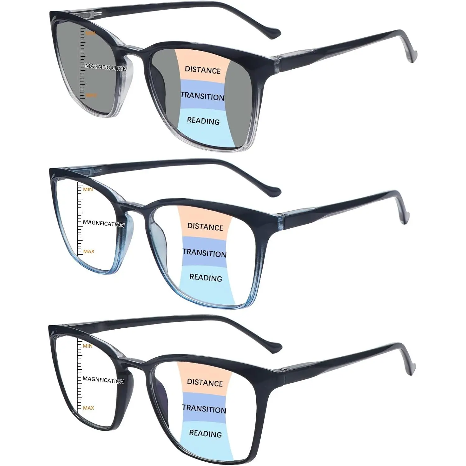 Progressive Multifocal Reading Eyewear for Women, 3 Pack Stylish Cat-Eye Frames with Blue Light Blocking and Spring Hinges, Multifocal Eyeglasses, Progressive Multifocal Glasses