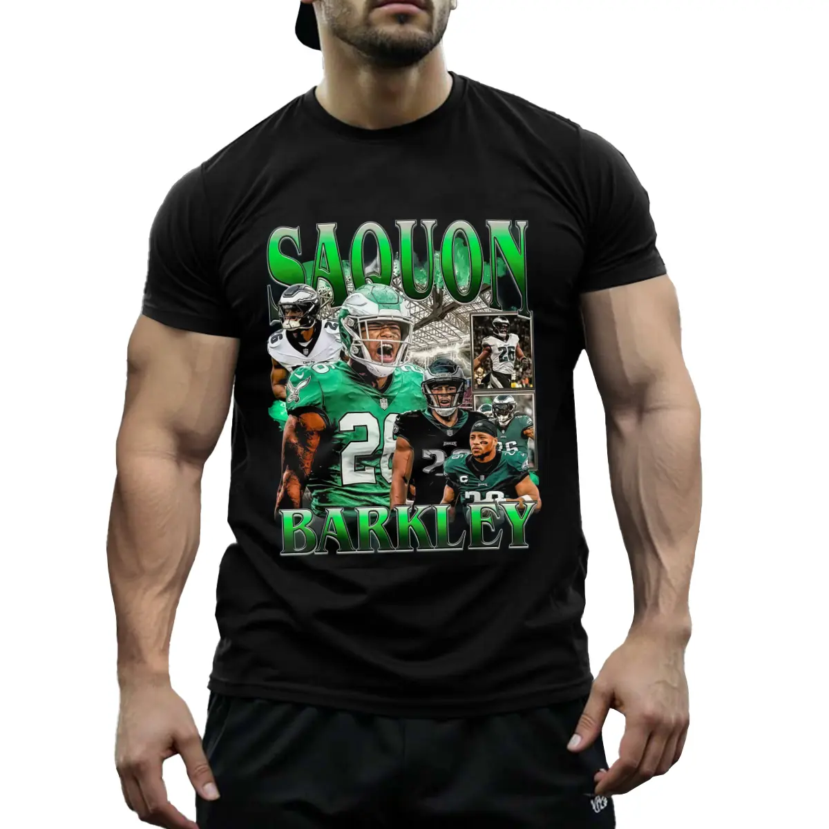 Everyday Comfort  Men's Vintage Saquon Barkley Eagles Graphic T-Shirt - 90s Inspired, 100 Cotton, Black with Green & White Player Design, Fitness Apparel  Sporty Casual Look