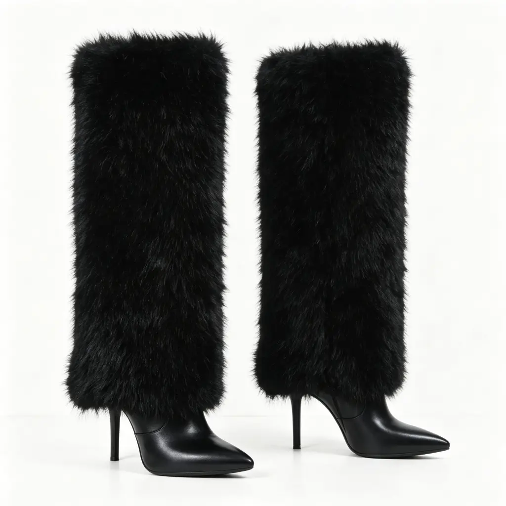 Women's Chic Pointed Toe Booties, Warm Plush Fabric Shoes with a Thin Stiletto Heel for Party Footwear, Chic Party, Knee High, Warmth Boost, Casual