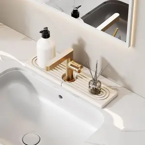 16 Inch Stone Faucet Mat for Kitchen Sink Splash Guard - Diatomite Quick Dry Stone Mat Kitchen Sink Protectors, Water-Absorbent Faucet Handle Drip Catcher Tray with Drainage (White, 15.7" x 3.9")