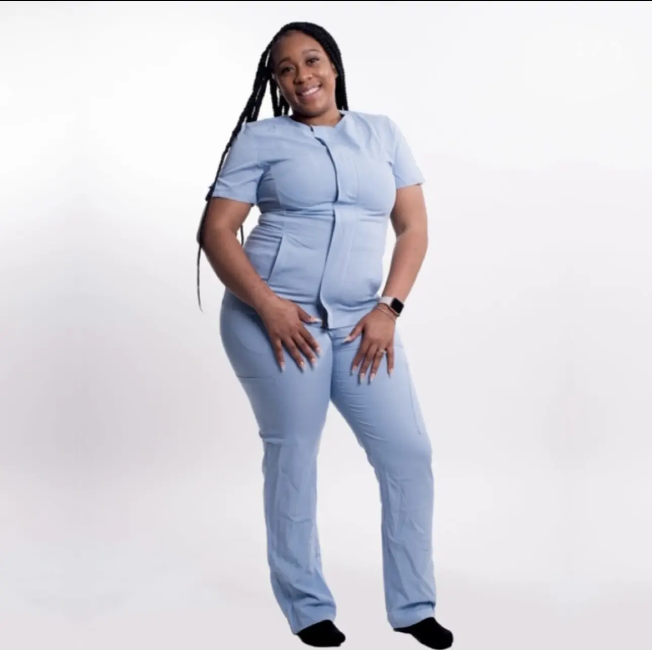 Hidden Zipper Scrub Set - Light Blue Womenswear Clothes Minimalist Collared Workwear Uniforms Basic Design
