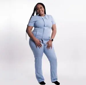 Hidden Zipper Scrub Set - Light Blue Womenswear Clothes Minimalist Collared Workwear Uniforms Basic Design