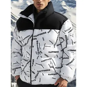 Winter Thickened Warm Cotton Jacket for Men, Loose Fit Autumn and Winter Letter Print Design, Trendy Versatile Cotton Jacket, Stand Collar Men's Coat Top