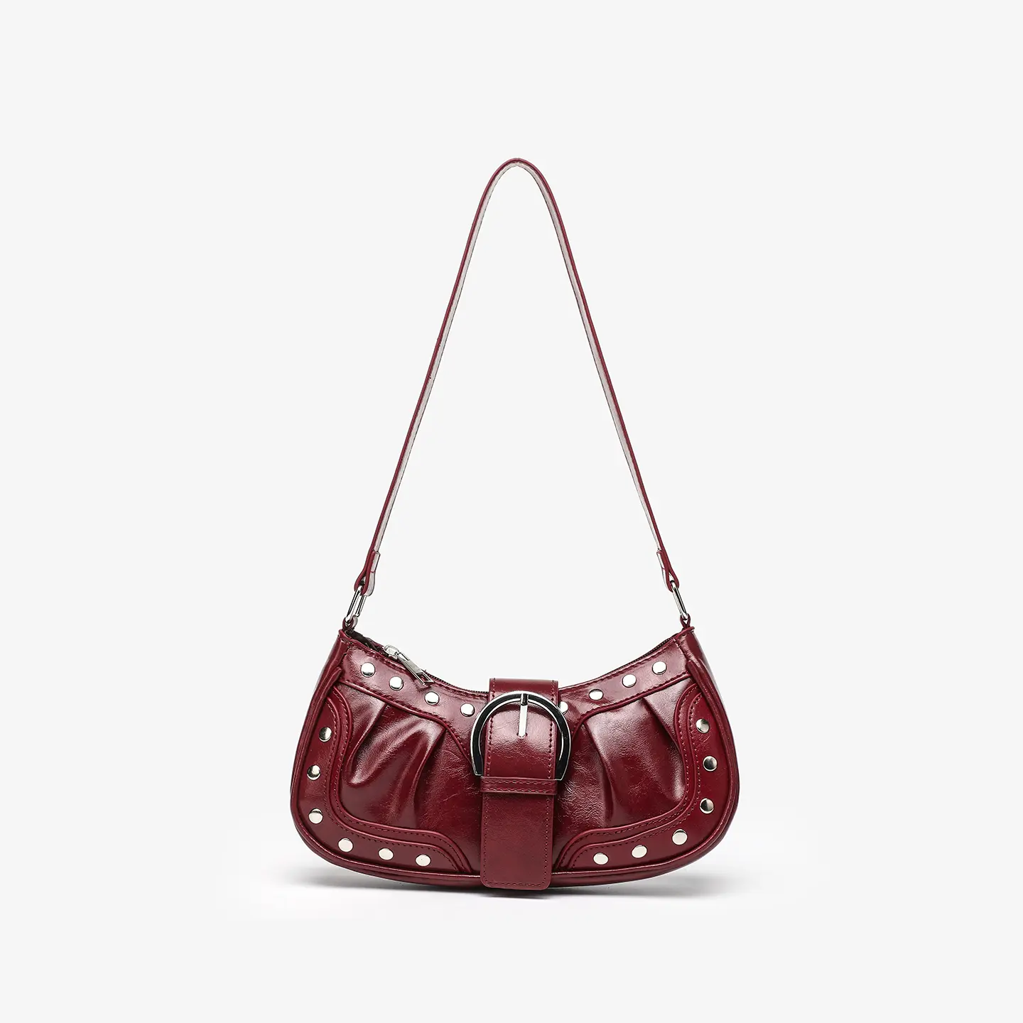 Retro Studded Buckle Ruched Faux Leather Shoulder Bag for Women, Casual Underarm Handbag, Daily Commute Streetwear Party Fashion Bag