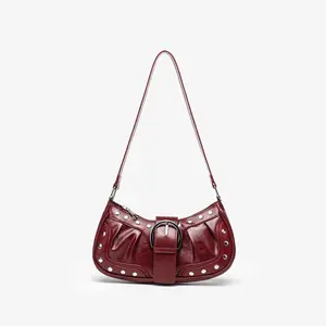 Retro Studded Buckle Ruched Faux Leather Shoulder Bag for Women, Casual Underarm Handbag, Daily Commute Streetwear Party Fashion Bag
