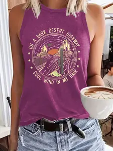 Women's Fashion Vintage Desert Road Print Sleeveless Tank Top, Womenswear, Casual Summer Lightweight Fabric, Perfect for Casual and Vacation Wear