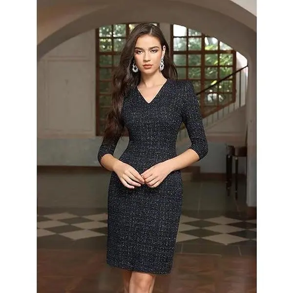 Women's Chic Plaid Tweed Sheath Dress - Notch V-Neck, 3/4 Sleeve, Knee-Length, Metallic Shimmer, Comfortable Elegant Office Cocktail Piece