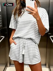 Women's Striped Knit Short Set, Casual Loungewear Set, Casual Loose Fit Summer, Round Neck & Drawstring Design, Perfect for Daily Wear, Shortsleeve