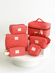 Raspberry Checkered Six-Piece Set Classic Plaid Ins Style Niche Home Storage Travel Portable Tote Zipper Cosmetic Bag Set for Girls Women 24cm x 14cm x 14cm