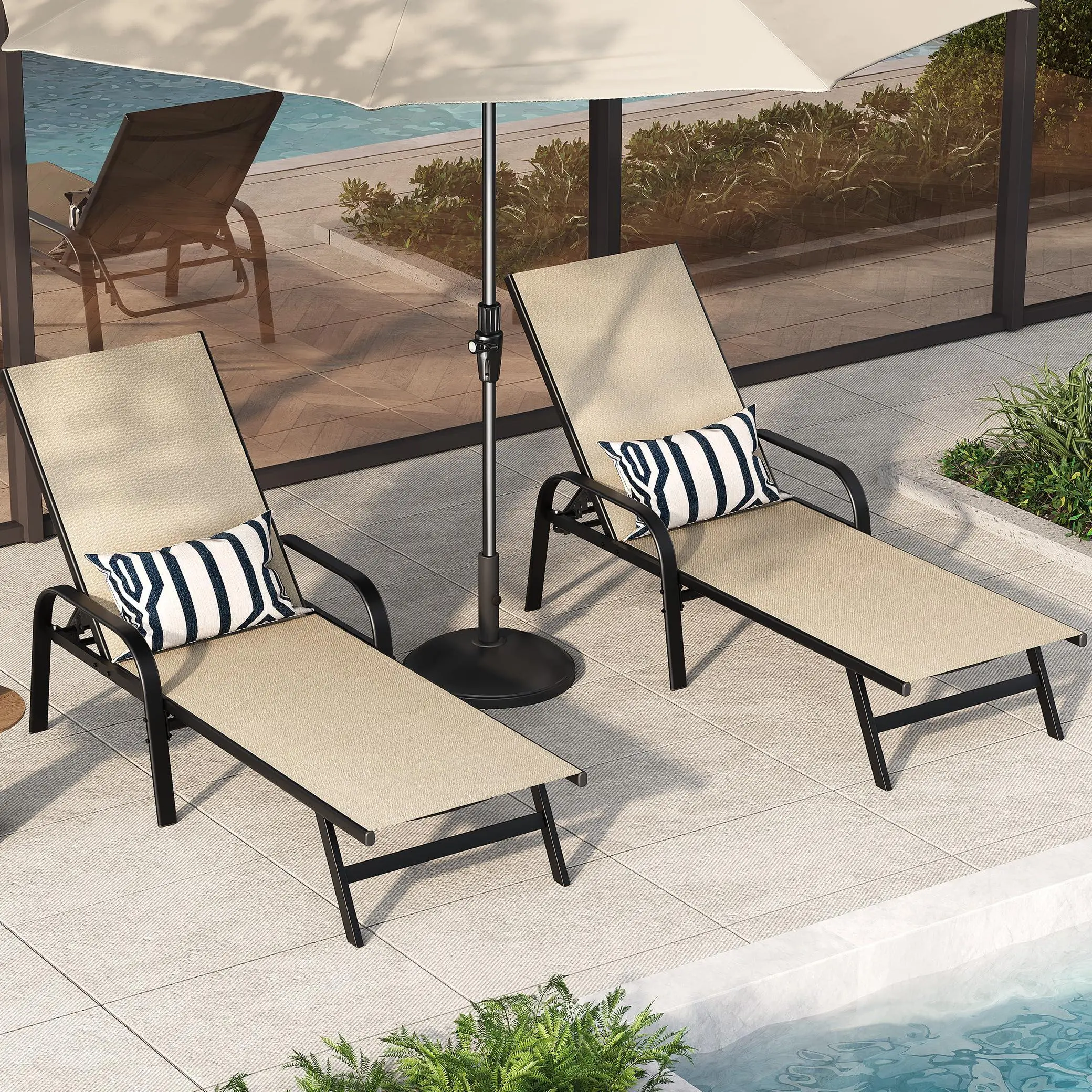 Outdoor Lounge Chair, Adjustable Patio Reclining Chaise with Textilene Fabric, Pool Lounge Chair with 5-Position Backrest for Patio, Garden, Poolside & Balcony,Khaki Set of 2