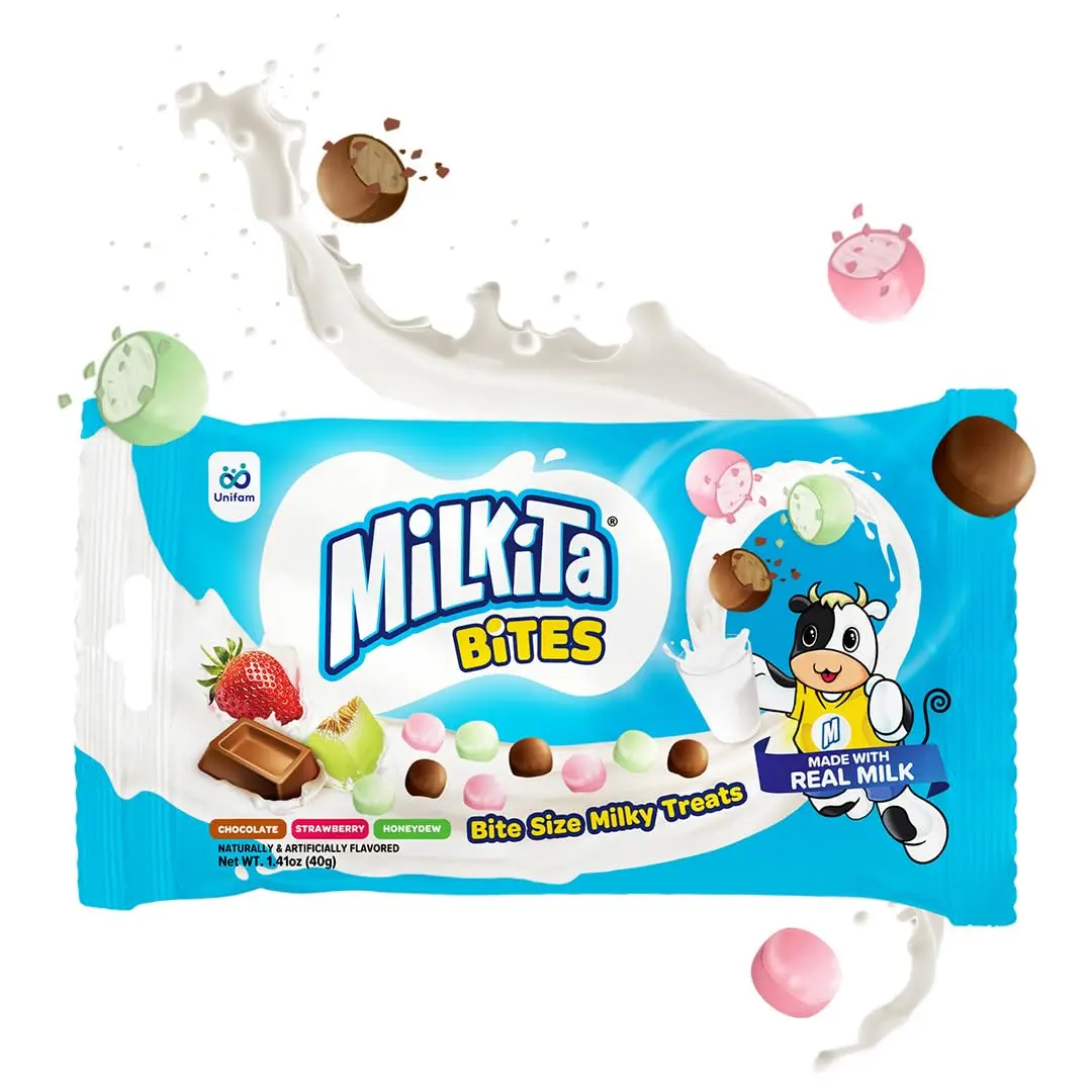 Milkita Bites Milk Candy 12 Pack – Low Sugar Bite Size Candy Made with Real Milk – Gluten Free Creamy Milk Candy with Calcium – Chocolate, Strawberry & Honeydew – Crunchy Outside, Chewy Inside Treats for Lunchboxes, Desks, Sharing & On-the-Go