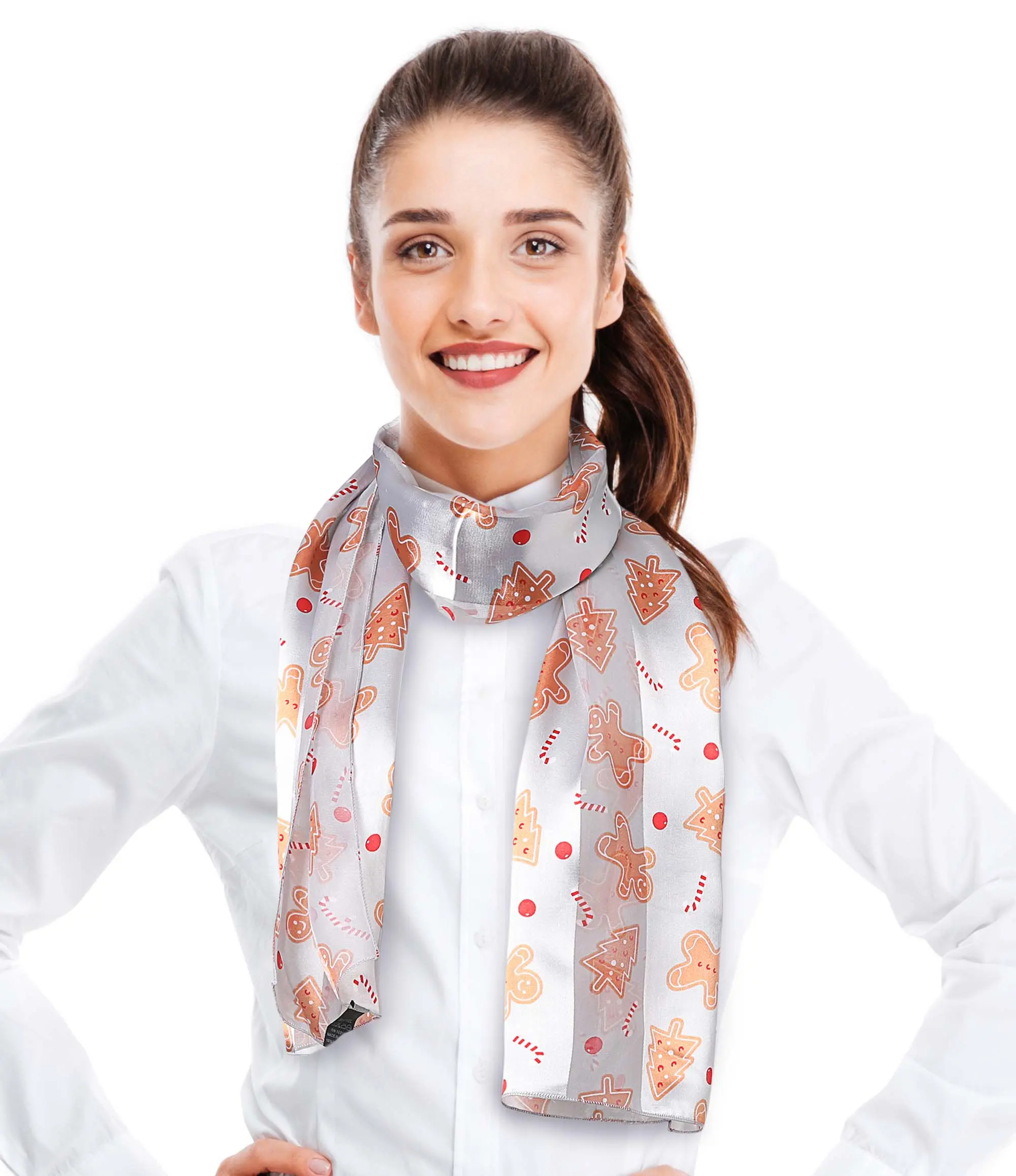CBC Crown Women's Basic Christmas Scarf - Female Polyester Holiday Accessory with Gingerbread Cookie Print, Silk-Feeling Silver, 13"x60", Comfortable, Lightweight, Hand Washable, for Casual Daily Wear, Comfortable Design, 13" X 60"